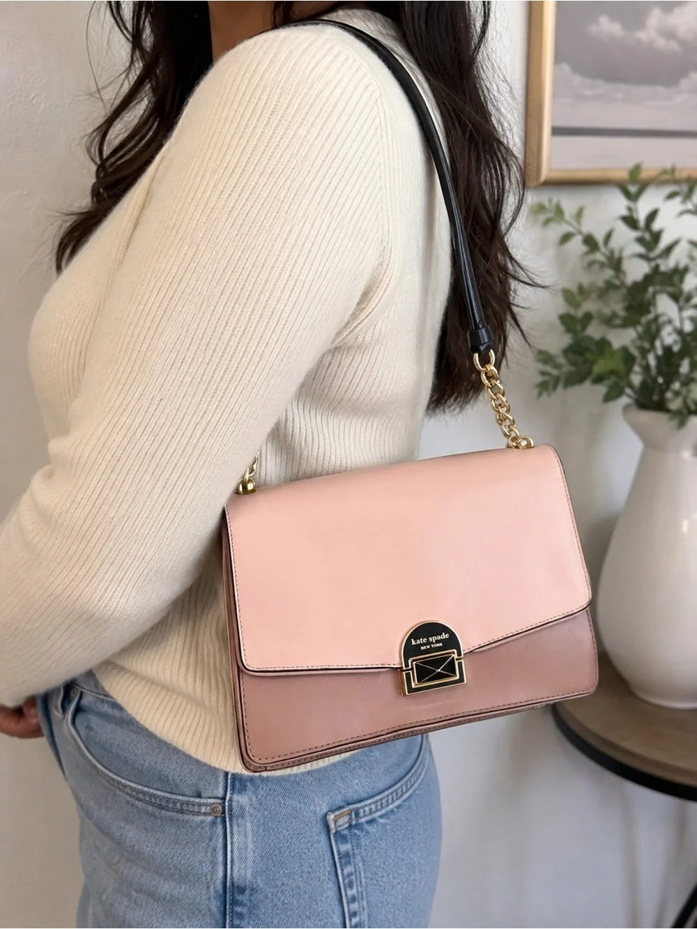 kate spade Two-Tone Pink and Rose Leather Shoulder Bag with Black Strap